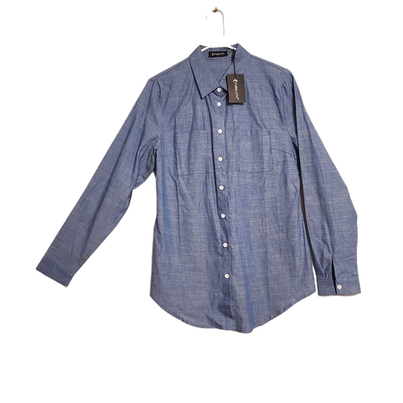 Fuinloth Pocket Shirt Womens M Blue Blouse Collared Button Up Long Sleeve - Picture 1 of 4